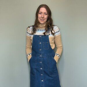 Vintage Denim Overall Skirt | Button Front Adjustable Straps Medium Wash Size S